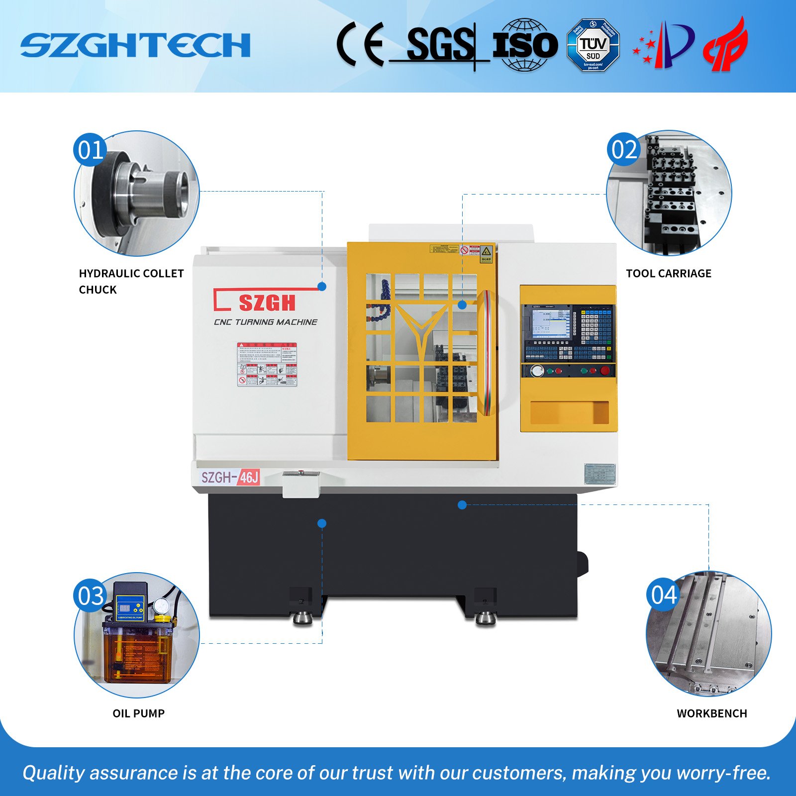 SZGH-46J is a high-quality lathe designed for mass production. It adopts a high-rigidity, anti-deformation structure, which can meet the processing needs of various metal materials (such as copper, iron, aluminum and stainless steel), and is particularly suitable for high-precision, large parts processing. Its spindle power provides two options of 5.5kW and 7.5kW, which can flexibly meet different production needs.